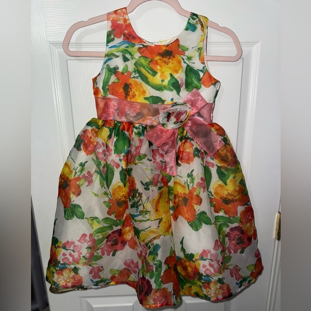 Jayne Copeland Multicolor Floral Dress with Pink Belt
